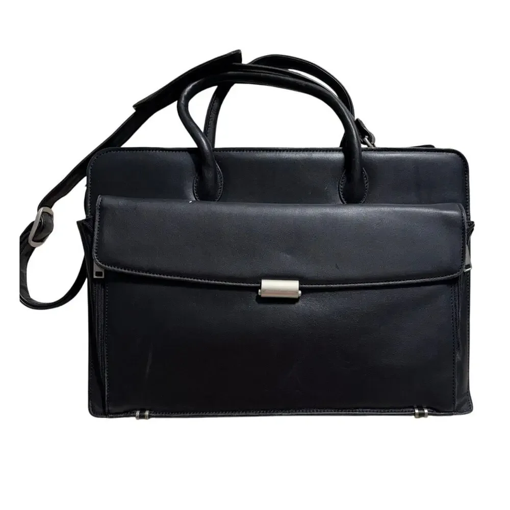 Wilson's Leather Pelle Studio Black Briefcase Crossbody Slip Pocket Silver Clasp